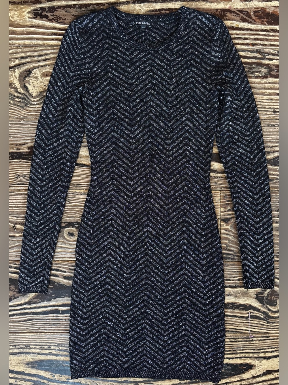 Express Long Sleeve Black Knit Dress with Silver Chevron Detail